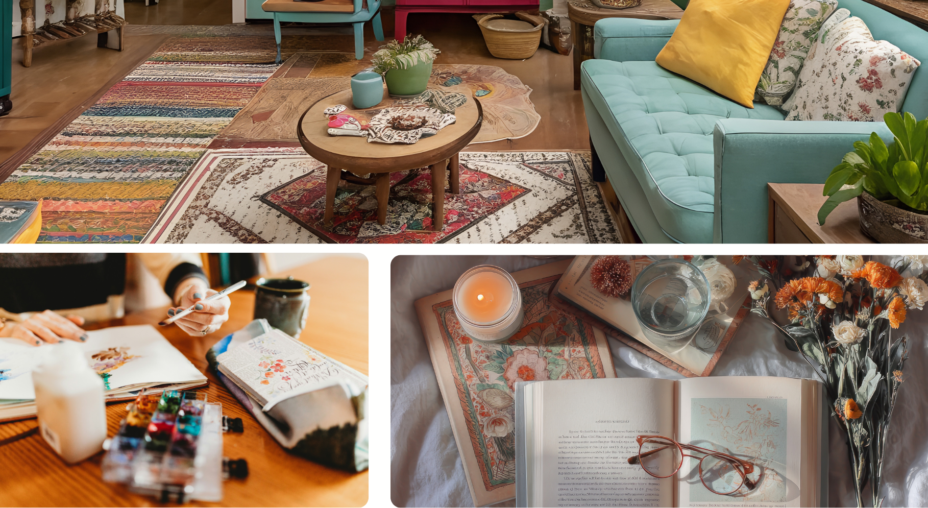 Collage of a living room with a sofa, coffee table, and decorative items.